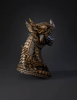 ornate dragon head sculpture with metallic gold and black scales fant
