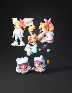 chibi lin character sheet with pastel outfits in pink and blue palette