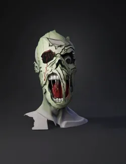 green undead zombie head with exposed teeth and bulging eye torn skin