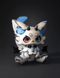 small white fluffy fantasy creature with blue ear tufts pink and blue