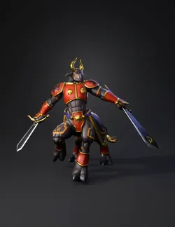 armored centaur knight with oversized sword red and gold armor gray