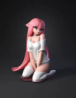 cat girl with pink hair cat ears long tail white off shoulder dress