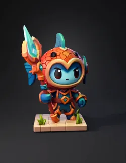 Chibi fish warrior with ornate armor and glowing staff on a tiled base