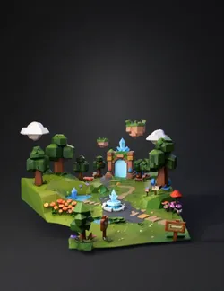 Create a stylized low poly fantasy environment called The Meadows fo