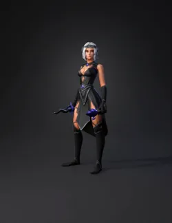 female fantasy warrior wielding a purple blade black armor standing