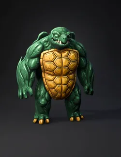 green turtle creature with yellow plated shell muscular limbs fantas
