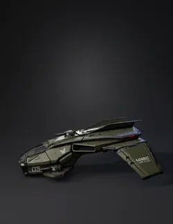 olive green sci fi military spacecraft with cockpit canopy winged hul