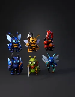 six armored insect like characters with wings in bright blue yellow