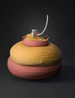 yellow and pink multi layer blob sculpture with a small striped figure
