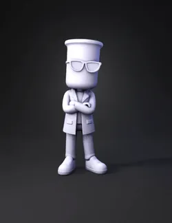 beaker headed scientist character with sunglasses white lab coat gre