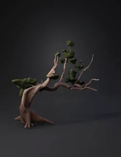 gnarled tree branch with sparse green leaves and textured bark
