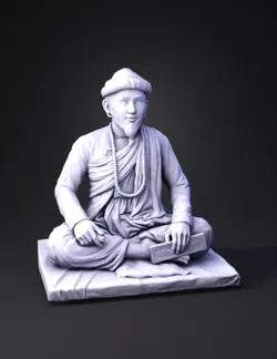 monk seated cross legged with white robes and brown sash beaded neckl