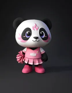 panda mascot in pink cheerleader outfit with pom pom
