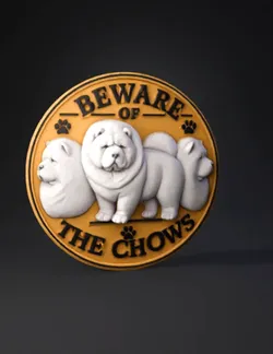 three white chow chows depicted on a gold circular badge with paw prin
