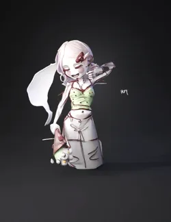 female character wearing a green crop top and light pants holding a b