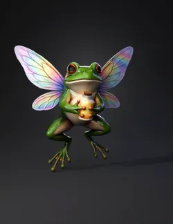 green frog with iridescent rainbow wings holding a glowing bottle