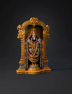 ornate gold deity statue with elaborate jewelry headdress and garlan