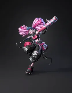 stylized female fighter with pink hair and armor wielding a large pin