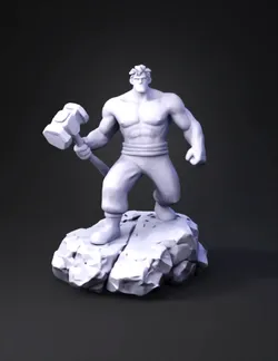 take his face and create a musculare body holding a hammer and steppin