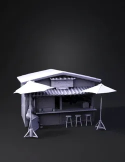 wooden cafe stall with counter stools and outdoor umbrellas