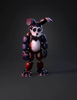 animatronic bear character with purple and red fur exposed joints an