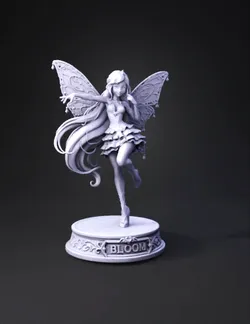 Bloom fairy figurine on a blue pedestal with ornate details butterfly