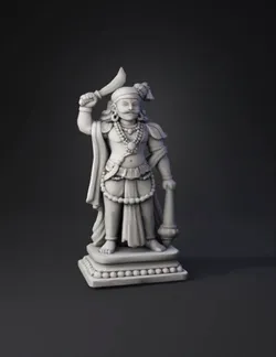 divine statue with sword beaded jewelry draped garments on pedestal