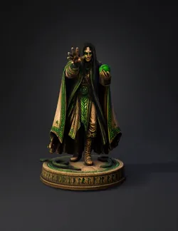 fantasy wizard figure on circular pedestal with green magical orb orn
