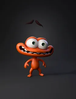 orange cartoon character with large green eyes and a wide toothy grin