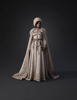 white ceremonial gown with gold embroidery fur trim cape ornate belt
