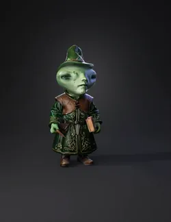 green skinned goblin in ornate green robe holding a glowing wand and b