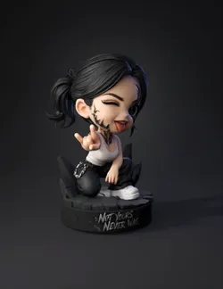 stylized female figurine on rocky base with tattooed chest wearing wh
