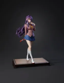 anime girl figure in school uniform with purple hair blue pleated ski