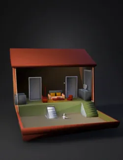 Create a realistic 3D model of a simple modern house for a video game