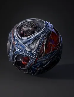 sci fi orb with interlocking metal rings glowing purple core rune in