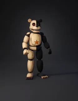 wooden animatronic bear with dual tone wood panels orange star on che