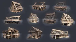 WOODEN HOUSE FRAMES AND HUTS UNDER CONSTRUCTION MEDIEVAL AAA Low-poly 3D model