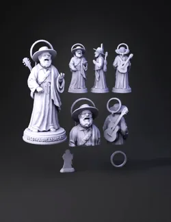 saint statue with halo beige robes guitar strapped across chest dar