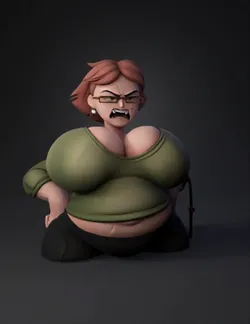 stylized female upper body with green cropped top and brown hair exag