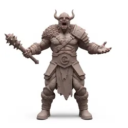 Barbarian roaring too dramatically, humanoid figure, dynamic pose, expressive character, stylized model, action pose, 3d printable figure, fantasy human, dramatic stance, collectible model, 3d print statue