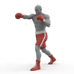 Boxer mid-punch freeze, humanoid figure, dynamic pose, expressive character, stylized model, action pose, 3d printable figure, fantasy human, dramatic stance, collectible model, 3d print statue