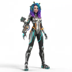 Cyberpunk girl smirking, humanoid figure, dynamic pose, expressive character, stylized model, action pose, 3d printable figure, fantasy human, dramatic stance, collectible model, 3d print statue