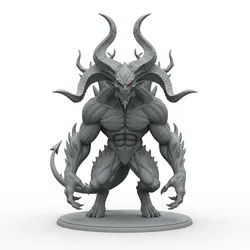 Demon with massive horns, fantasy creature, mythical figure, magical being, legendary monster, fantasy statue, stylized model, heroic figure, dark fantasy, printable model, 3d print figure