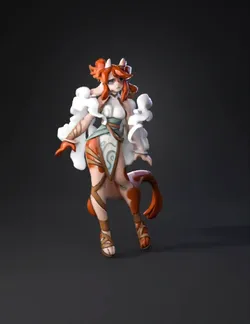 dragon girl character with horns long orange hair tail wearing flow