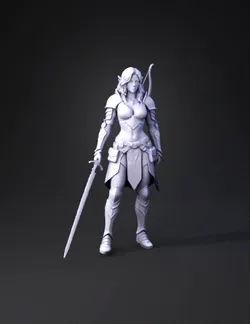 elf warrior in ornate armor with glowing sword in a mountain landscape
