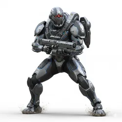 Exo-suit soldier ready to charge, futuristic robot, sci-fi mech, cyber design, mechanical figure, tech statue, engineered model, robotic structure, 3d printable figure, sci-fi sculpture, advanced mech