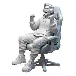 Gamer sitting with hype face, humanoid figure, dynamic pose, expressive character, stylized model, action pose, 3d printable figure, fantasy human, dramatic stance, collectible model, 3d print statue