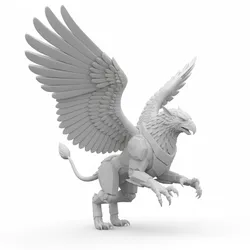 Griffin landing, fantasy creature, mythical figure, magical being, legendary monster, fantasy statue, stylized model, heroic figure, dark fantasy, printable model, 3d print figure