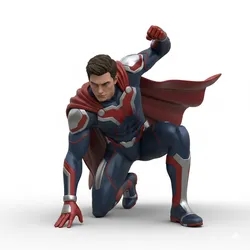 Guy doing superhero landing, humanoid figure, dynamic pose, expressive character, stylized model, action pose, 3d printable figure, fantasy human, dramatic stance, collectible model, 3d print statue