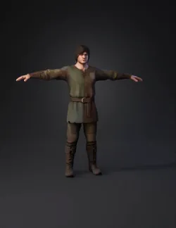human character wearing patchwork tunic with belt and knee high boots